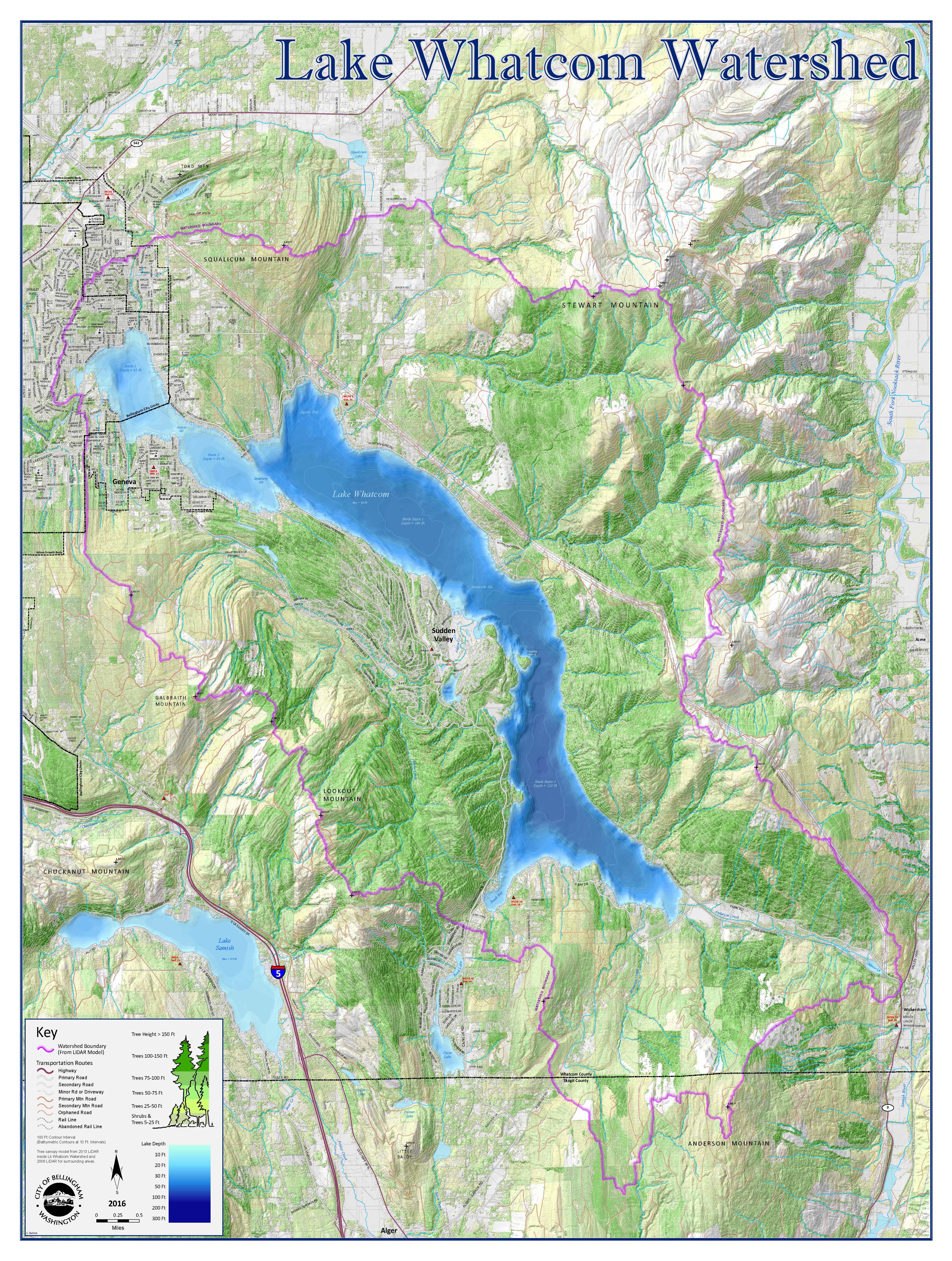 The lake is comprised of three subbasins. Sample Site 1 is located in Basin 1. Sample Site 2 is located in Basin 2. Sample Sites 3 and 4 are located in Basin 3.                                 Courtesy: City of Bellingham