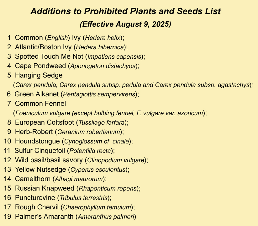 Additions to Prohibited Plants and Seeds List