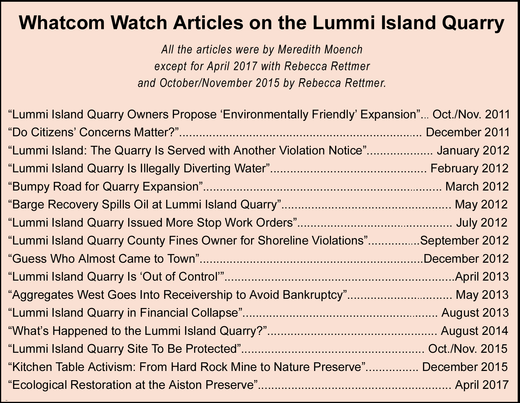 Whatcom Watch Articles on Lummi Island Quarry