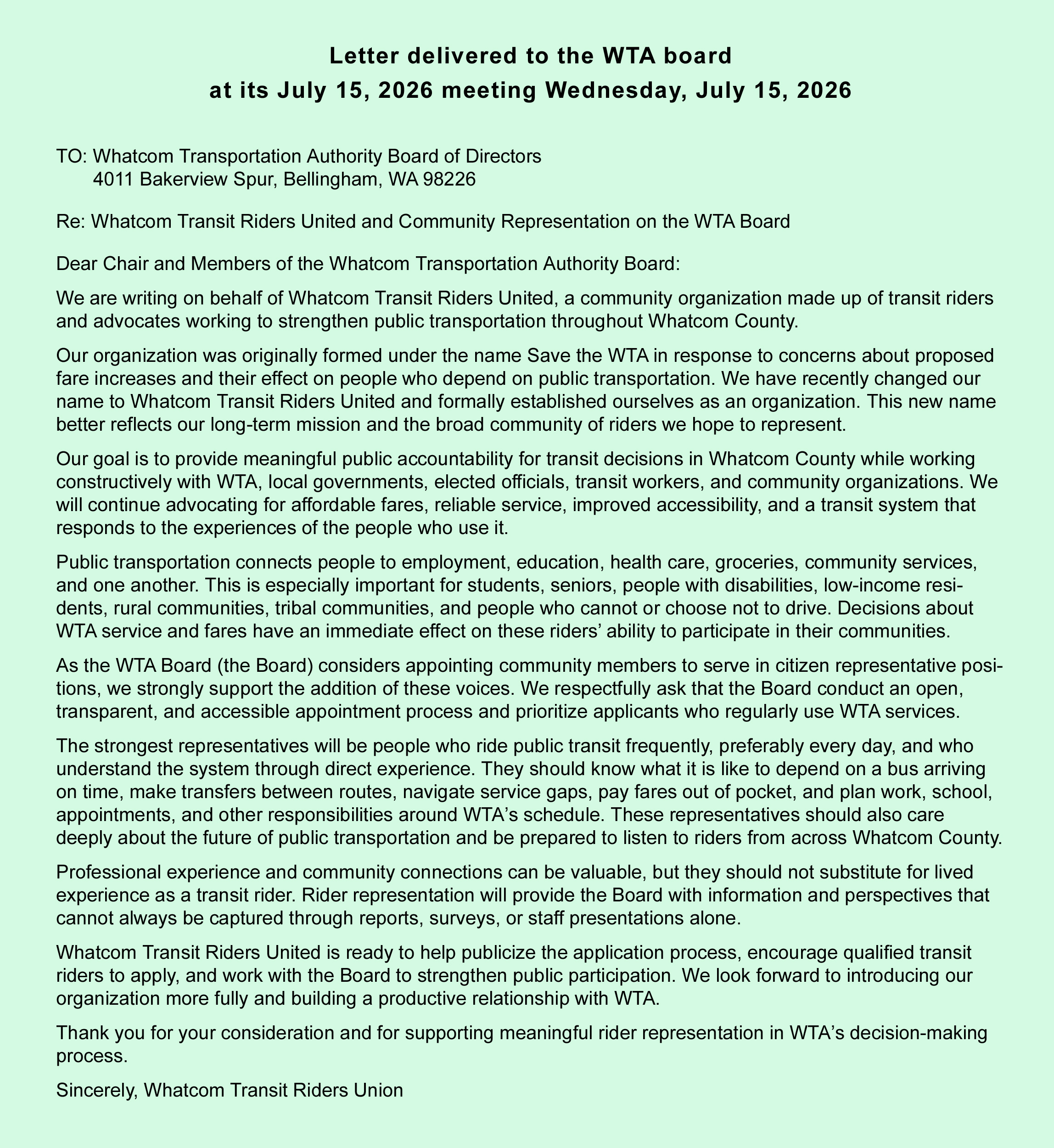 Letter to WTA Board